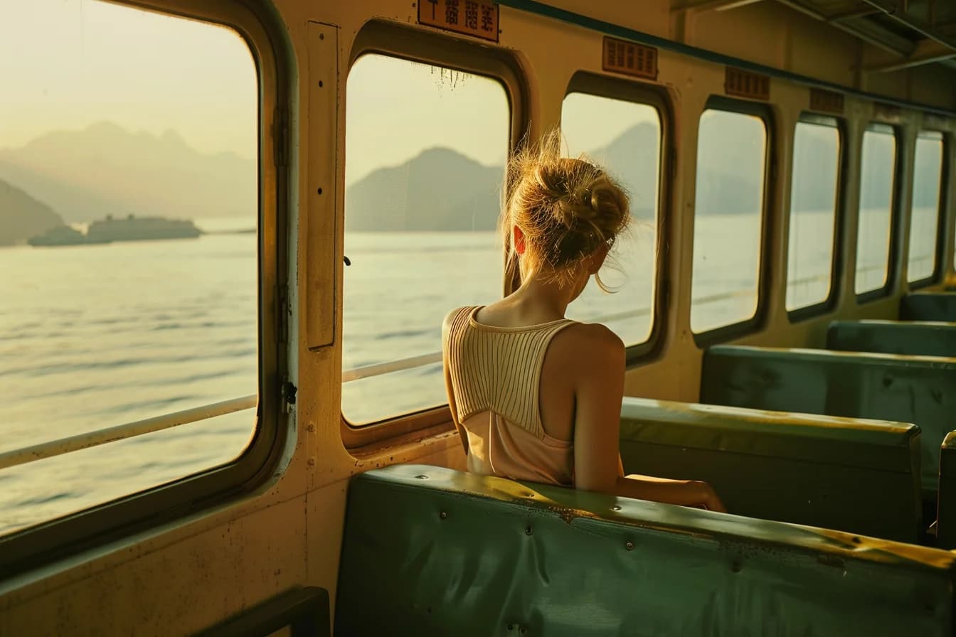 A traveler on a boat at golden hour, facing the lake